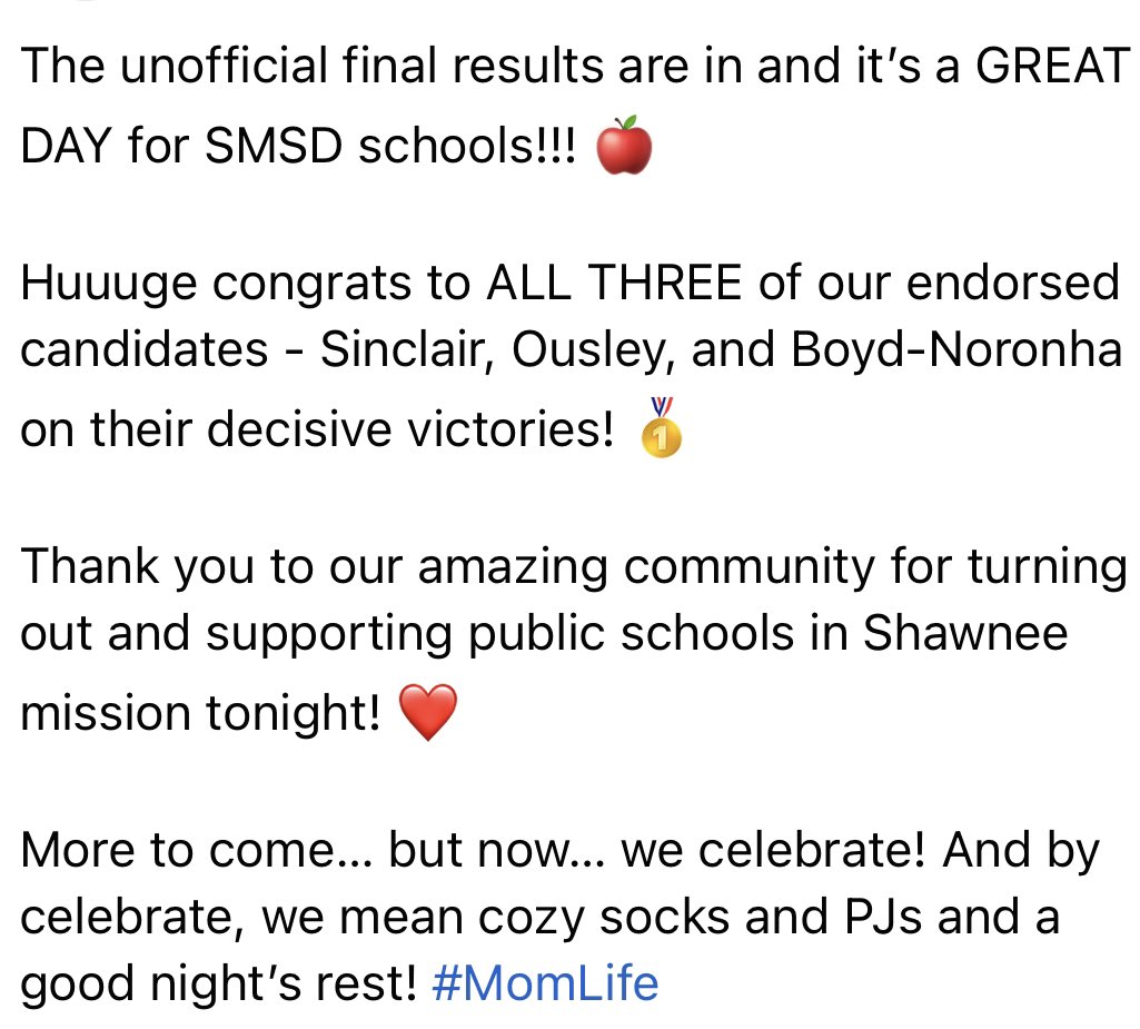 Congratulations to ALL THREE of our endorsed candidates <a href="/sincpack/">Mary Sinclair</a> @OusleyforSMSD and @ProfCybersecXR!!! #SMSD #KSED #KSVOTES