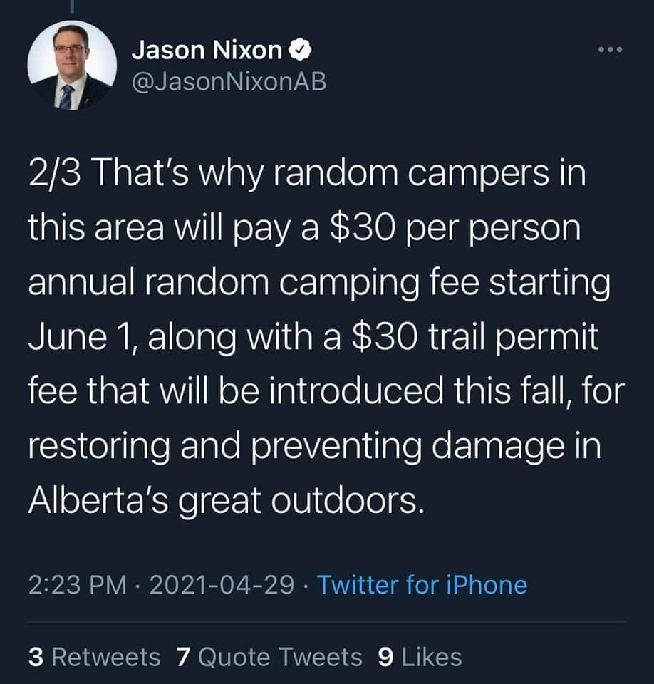 BCKOR's tweet photo. The long awaited Trails legislation was revealed today. @JasonNixonAB  chose to skip the promised $30 trail fee for OHV’s that he said would restore and prevent damage in Alberta’s outdoors. 

This remains 100% legal &amp; FREE

Paid for by the Kananaskis “Conservation” Pass https://t.co/yYdk7wbUhb