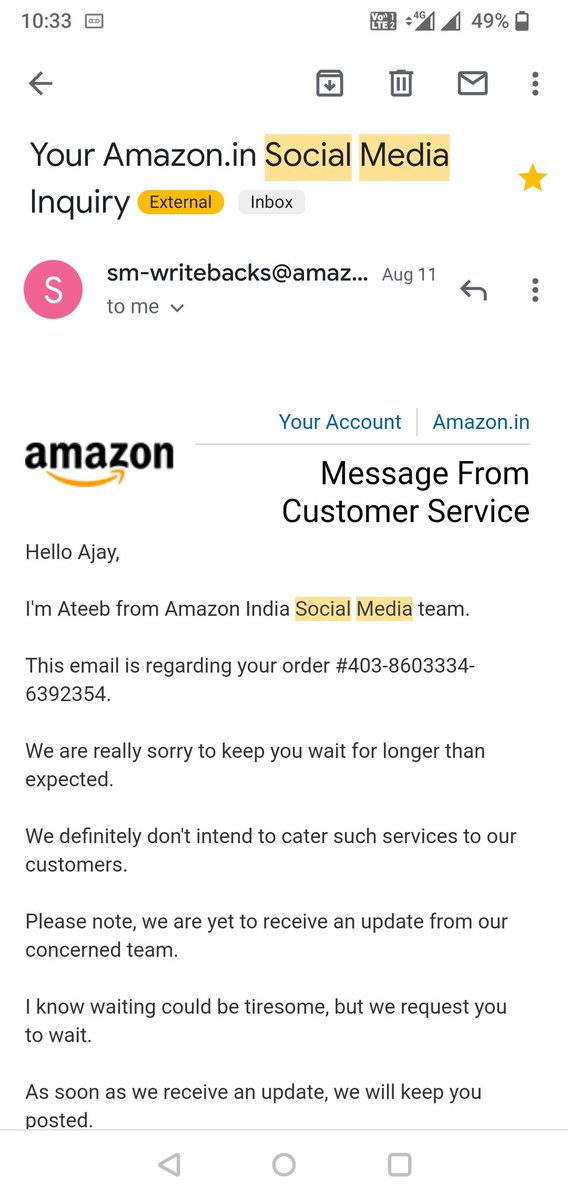 ajayybhattiwal's tweet photo. Hi @AmazonHelp @amazonIN 

I'm getting same email from last 3-4 months. How many years you will need to resolve the issue.

What kind of customer service are you providing? Why are you harrassing?

If you don't want to resolve it, please let me know. Pathetic service https://t.co/sdz1vSfiqk