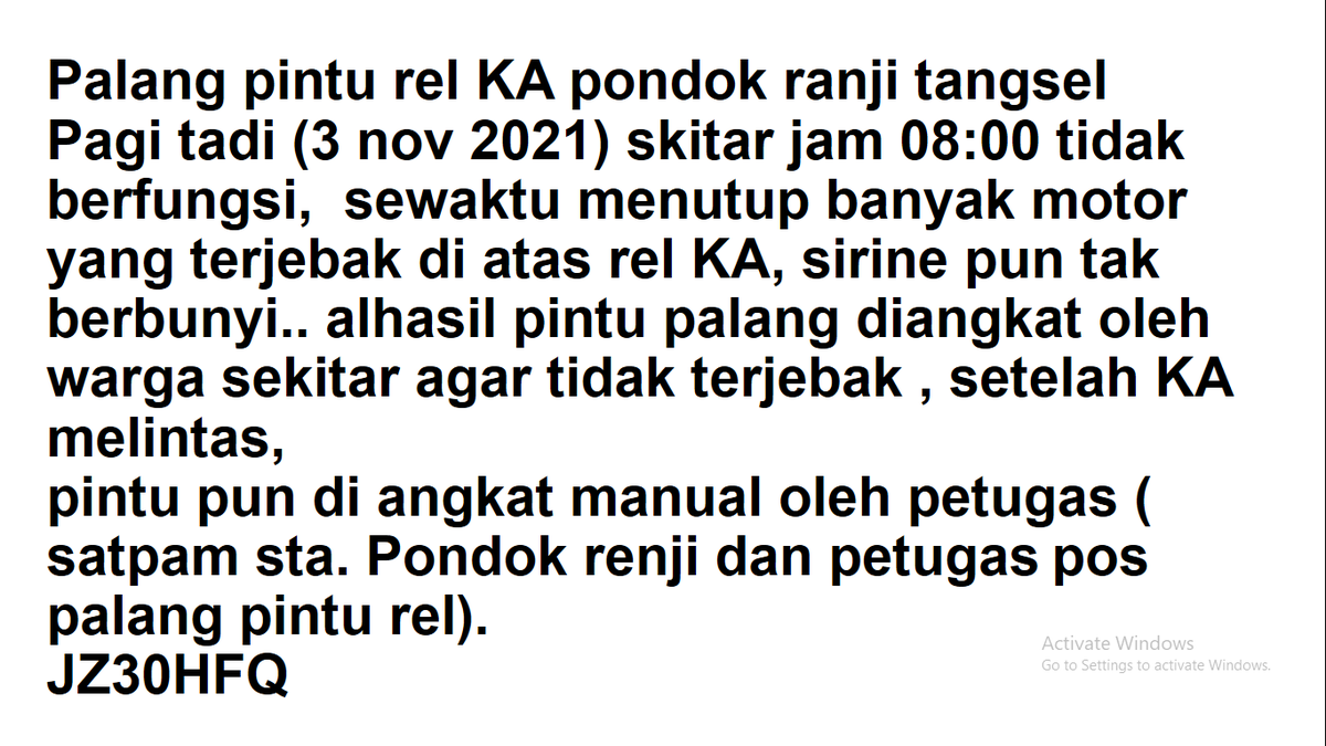 rapipondokaren's tweet photo. Palang pintu rel KA pondok ranji tangsel
Pagi tadi (3 nov 2021) skitar jam 08:00 tidak  berfungsi,  sewaktu menutup banyak motor yang terjebak di atas rel KA, sirine pun tak berbunyi.. 

@CommuterLine @kemenhub151 @TMCPoldaMetro @humastangsel https://t.co/K7m17i3eFa
