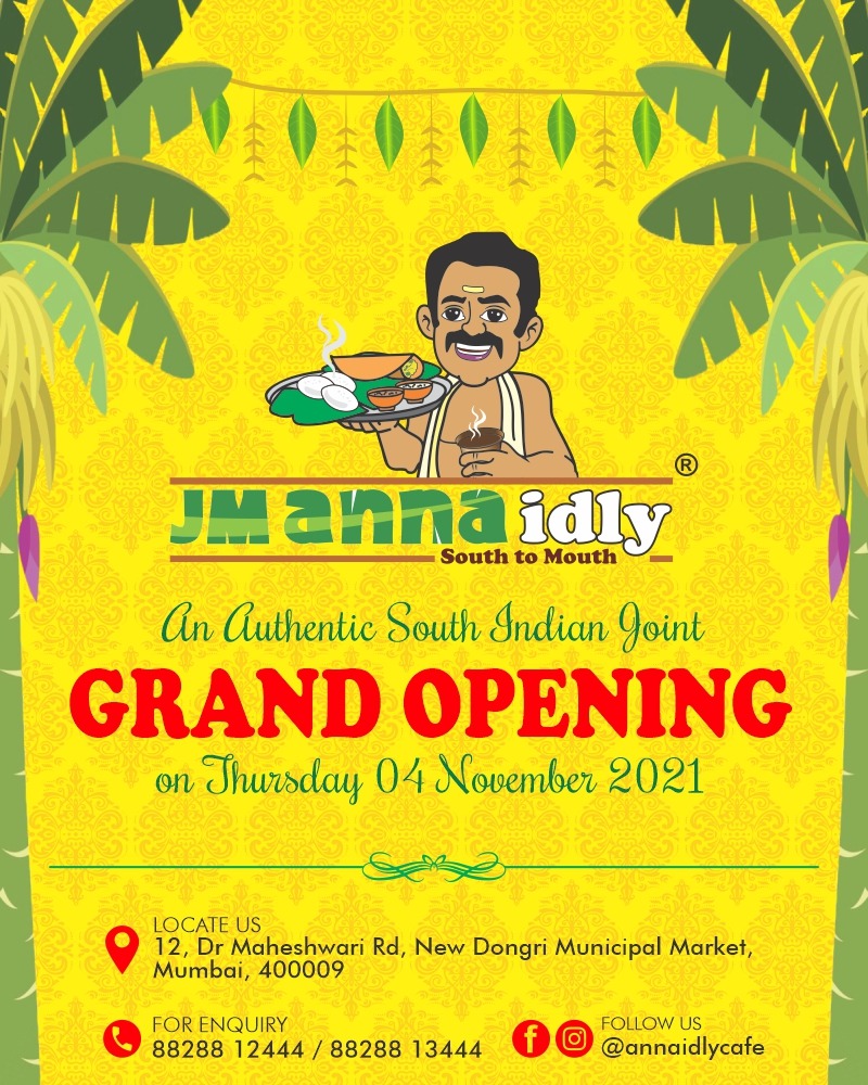 JMAnnaIdlyCafe's tweet photo. Craving #SouthIndianfood? Fret not because the authentic flavours of the South are coming near you! JM Anna idly is opening in #Mumbai to give you a fresh taste of South India.
For more Info📞:- 08828812444
#annaidlycafe #grandopening #food #event #comingsoon https://t.co/BvrE7s7COd
