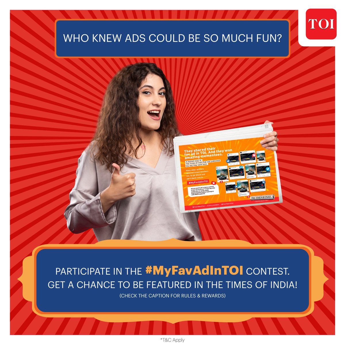 TimesResponse's tweet photo. This ad will make you win amazing rewards! #MyFavAdInTOI, a contest where you have to share your favorite ad of the day with a witty tagline to win rewards like:
Get featured in The Times of India
A framed copy of The Times Of India of the day you were born
Amazing Gift vouchers https://t.co/T6HaFOdS46