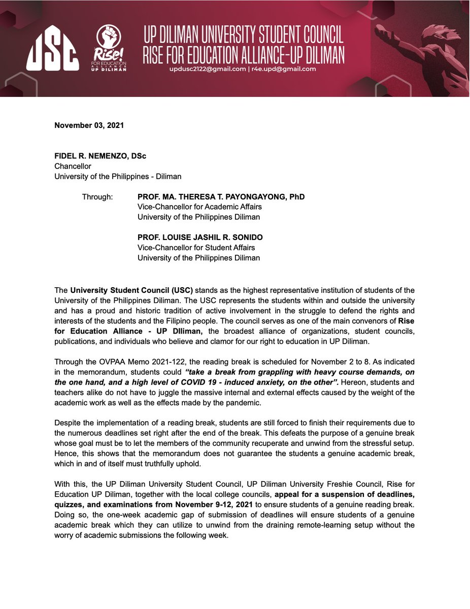 USCUPDiliman's tweet photo. #GenuineReadingBreakNow
The UP Diliman University Student Council, together with Rise for Education UP Diliman, Local College Councils, and FST Councils has sent a petition to suspend deadlines, quizzes, and examinations from November 9-12.
Kindly view the attached photos. https://t.co/C81z6HrOpO