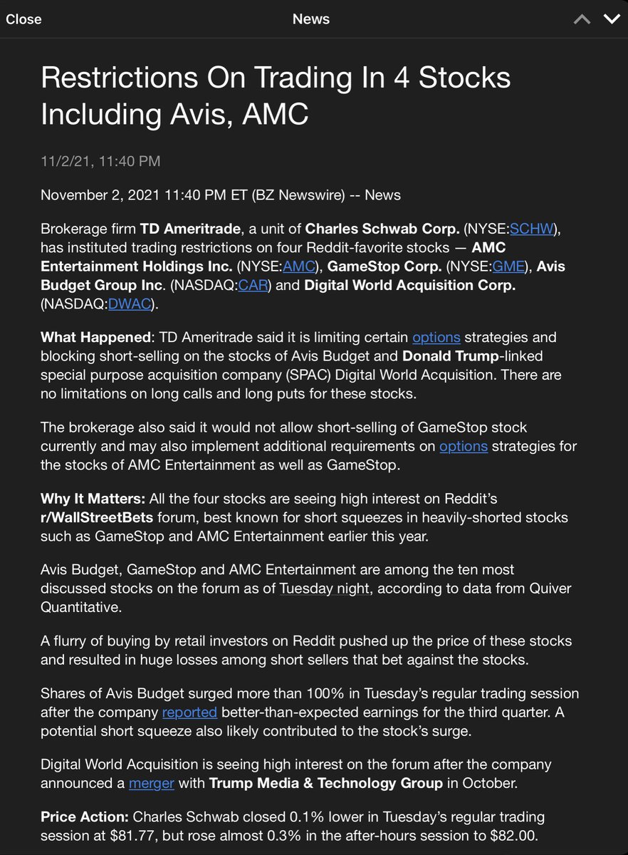theresa_perrin's tweet photo. TD Ameritrade places trading restrictions on $AMC $GME $CAR and $DWAC!!! Here we go!!!! #squeze https://t.co/GpjhEiyYX7