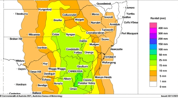 BOM_NSW's tweet photo. Rainfall in far western #NSW of the order of 30-50 mm in some places is set to spread further east on Thursday. Thunderstorms are also likely over the inland with potential for heavy rain. Check latest warnings at https://t.co/ShzCjueFn3 https://t.co/DwkjQr7m36
