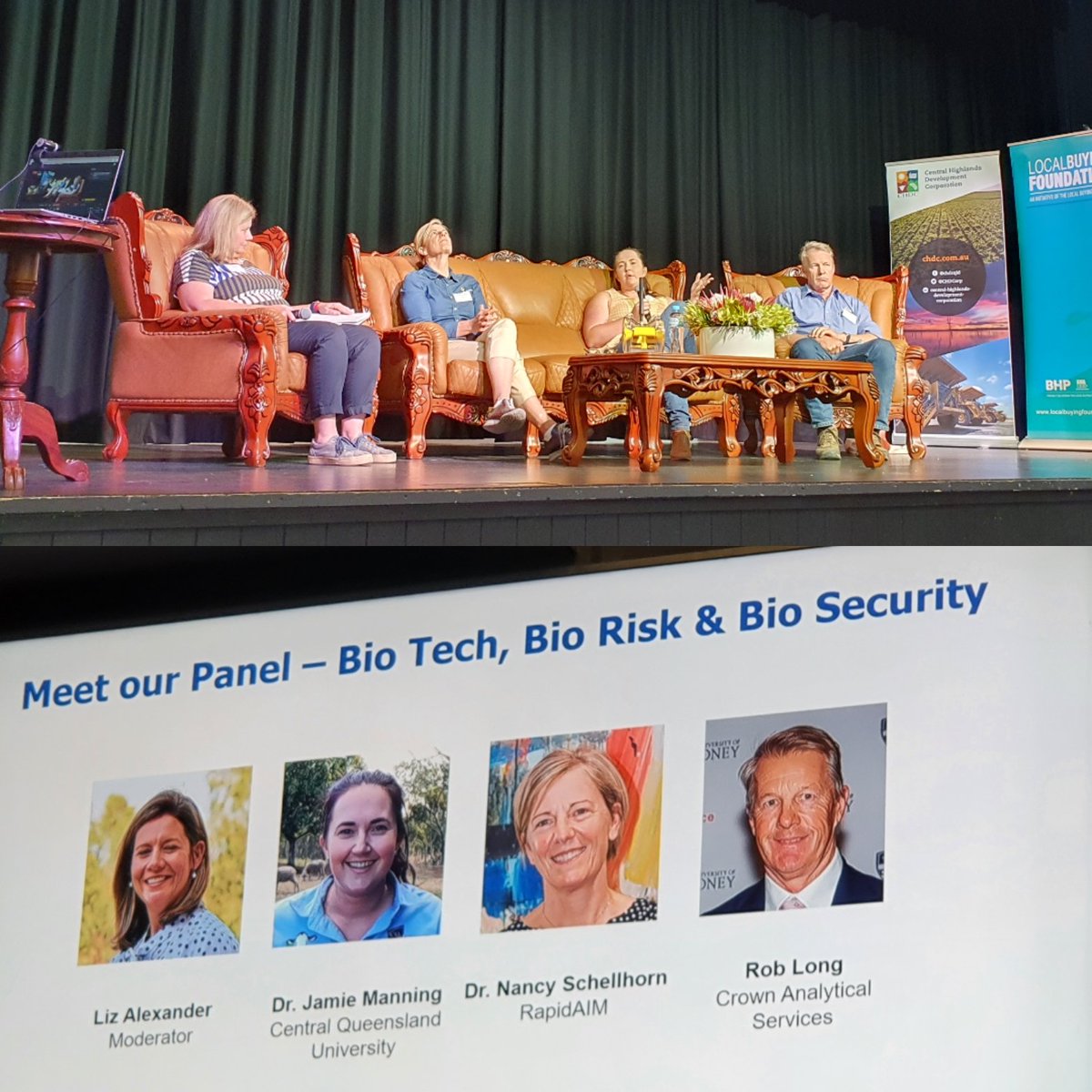 QSP73Z's tweet photo. #Agtech21 Panel on #biosecurity #biotechnology #biorisk in Emerald today during #QldAgtechMonth ππ½ππ½ππ½ The quality of discussion is brilliant @CrownAnalytical @rapid_AIM @SchellhornNancy @_JaimeManning @CQUni @CHDCorp #agtech https://t.co/HUHV5KzaFB