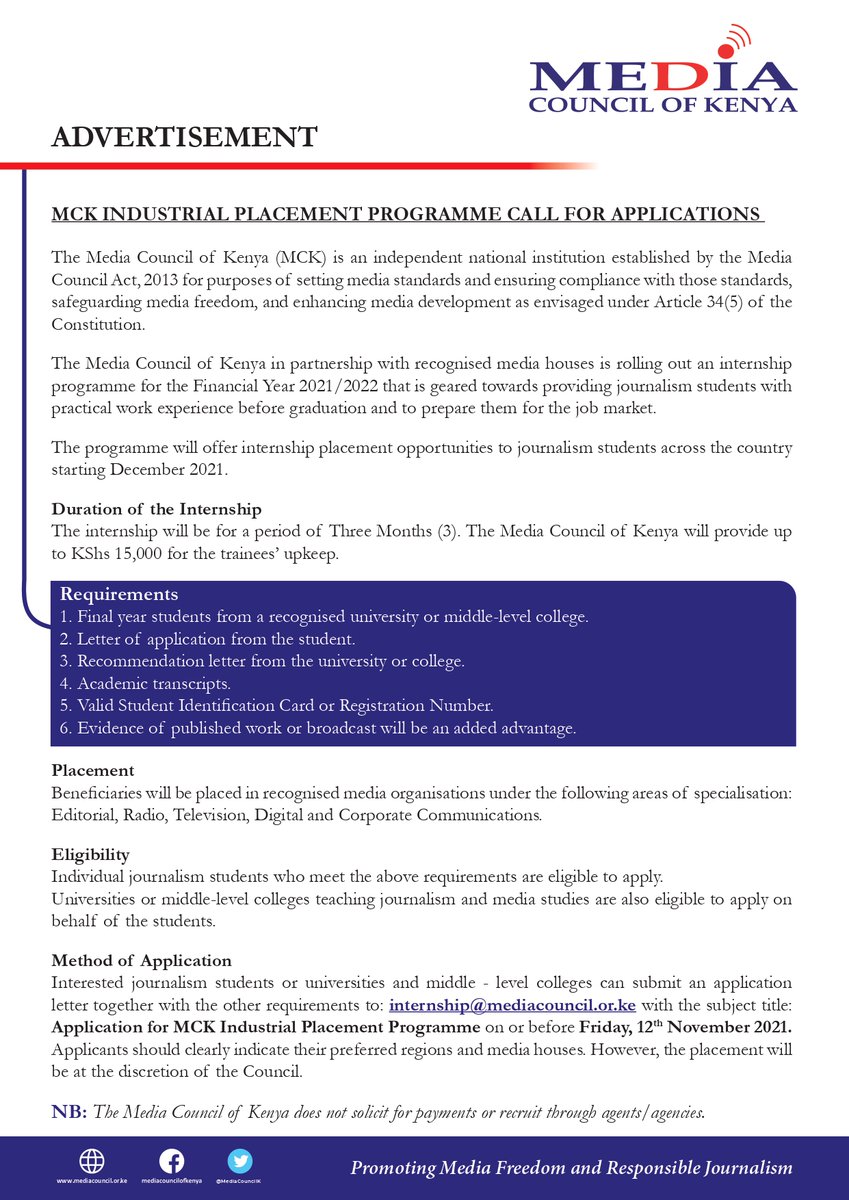 MediaCouncilK's tweet photo. We are accepting applications for the MCK Industrial Placement Programme... https://t.co/o4wRZwQ0RC