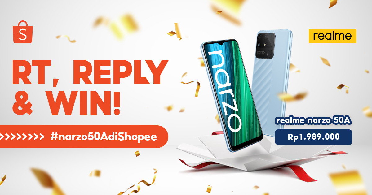 ShopeeID's tweet photo. ✨ GIVEAWAY SMARTPHONE realme ✨

Sobat Shopee! Spesial buat kamu, mimin ada realme narzo 50a nih! Caranya:

1. FOLLOW @SHOPEEID 
2. RT &amp; LIKE tweet ini 
3. REPLY "#narzo50AdiShopee" SEBANYAK-BANYAKNYA!

Pemenang dipilih acak &amp; diumumkan tanggal 9 November '21. https://t.co/DKc1wEpO8x