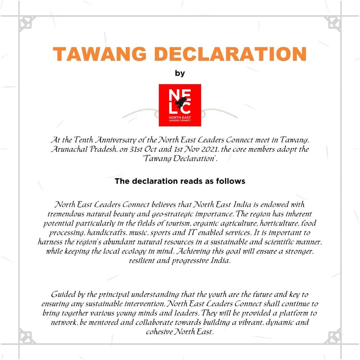 Policy makers, domain experts and Northeast India's ambassadors came together at Tawang, AP for the 10th Anniversary of Leaders Connect and committed and adopted the #TawangDeclaration.  This exemplary voluntary contribution to come together is heartening. 
@NortheastLC