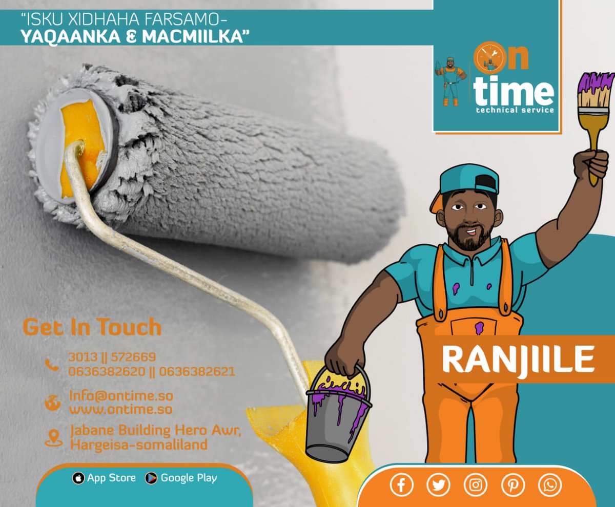 Ontimesomalilan's tweet photo. Ka dalbo ontime ranjiile oo hel marka shaqada laguu bilaabo qol bilaash ah

Naga So Wac Numberska :
☎️ 3013|| 572669
📱0636382619 || 0636382621
📩 Info@ontime.so
#Naso_Ha_Lagu_Adeege
#adeegaha_bulshada
#OntimeTechnical
#somaliland #hargiesa https://t.co/Ym0KfgUgg9