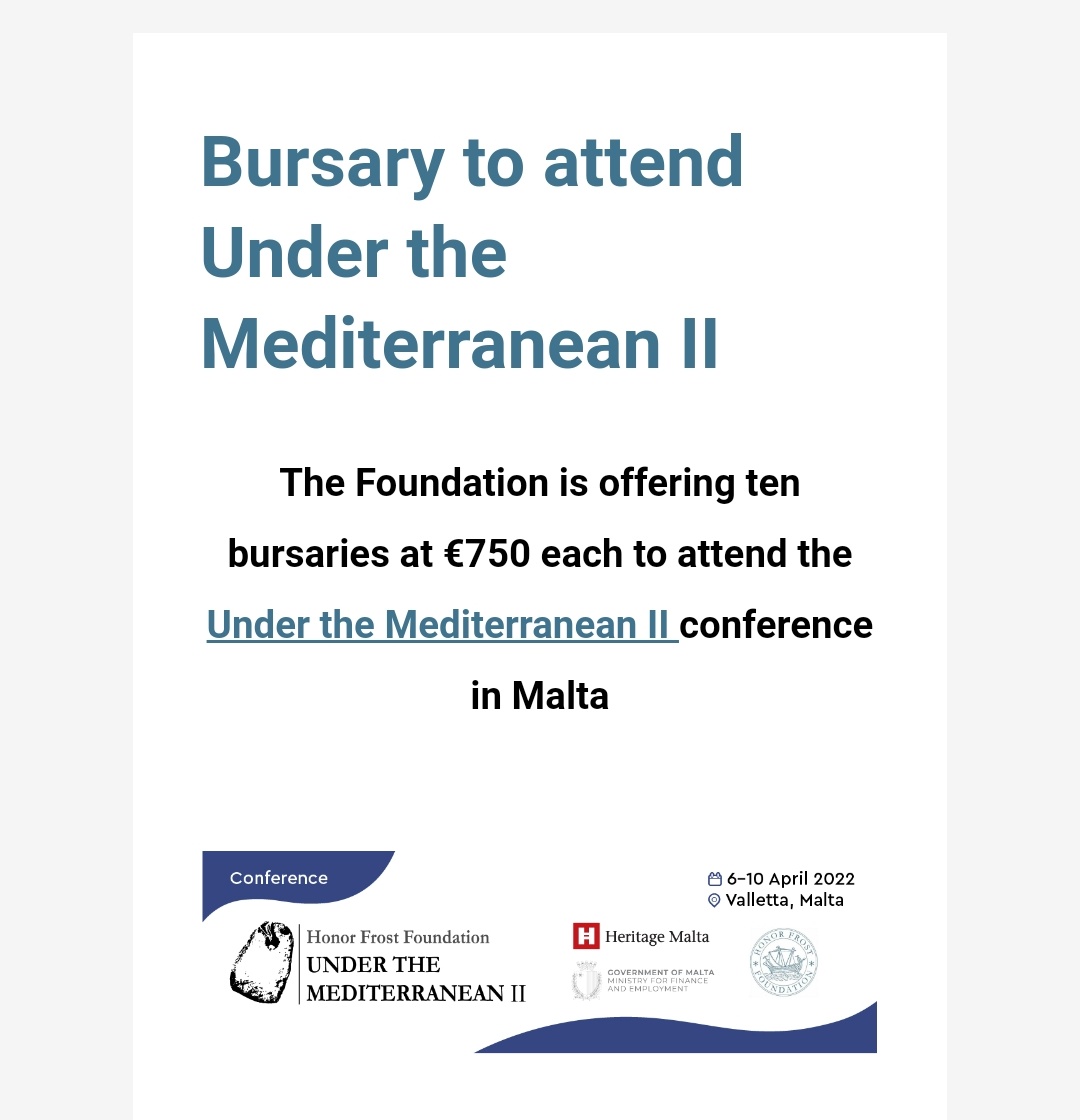 Still time to apply! The <a href="/honor_frost/">Honor Frost Foundation</a> is offering bursaries to attend the #UnderTheMediterraneanII conference in #Malta!
For #cypriot #students &amp; #early_career #researchers 📚
#maritimearchaeology 🤿🌊⛵🐟