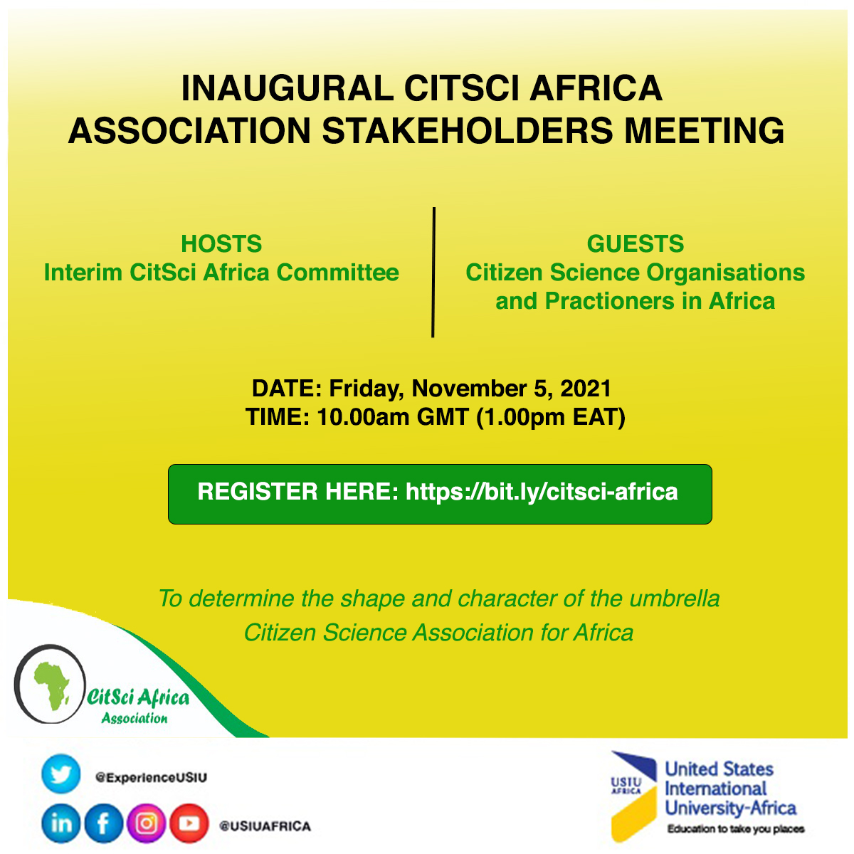 The Citizen Science Africa Association (CitSci Africa)
invites you to join the Inaugural Citizen Science Africa Association Meeting.

Date: Friday, November 5, 2021
Time: 10.00am GMT (1.00pm EAT)
Register here: lnkd.in/gi9G6qjj