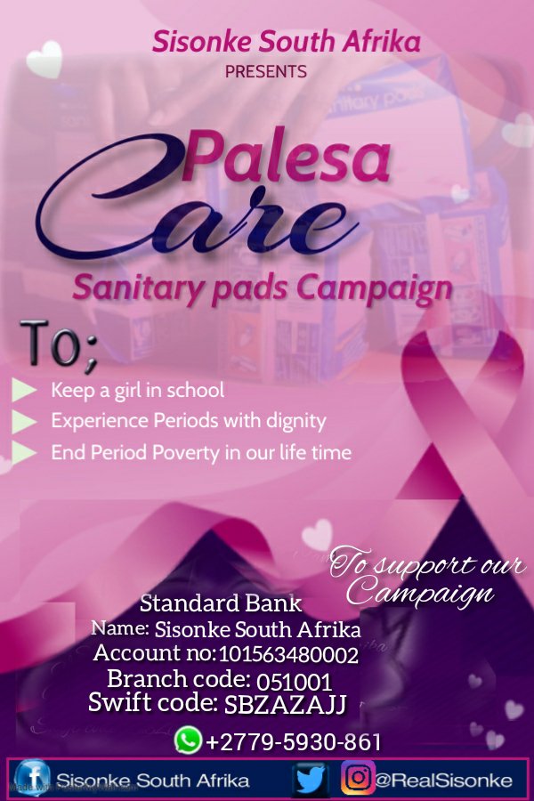 TwaniAndile's tweet photo. Hi I'm @TwaniAndile... a co-founder at Sisonke South @RealSisonke. We are a non profit company and we urge you to support our sanitary pads compaign called Palesa Care @Simphiwe_Dludlu . #EndPeriodPoverty #SupportOurCampaign #LetsMakeItTrend ♥️🙏 https://t.co/raItpIZmlz
