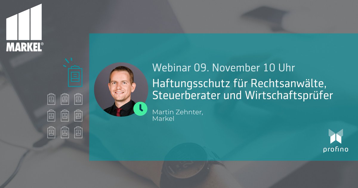 📢 WICHTIG: IDD-Weiterbildung mit Markel!
messe.profino-online.de/webinar/1395
Im Mittelpunkt stehen: Rechtsanwälte, Steuerberater und Wirtschaftsprüfer. Wir zeigen Euch die wesentlichen Risiken dieser Zielgruppen auf und stellen Euch die passende Versicherungslösung Markel Pro RSW vor.