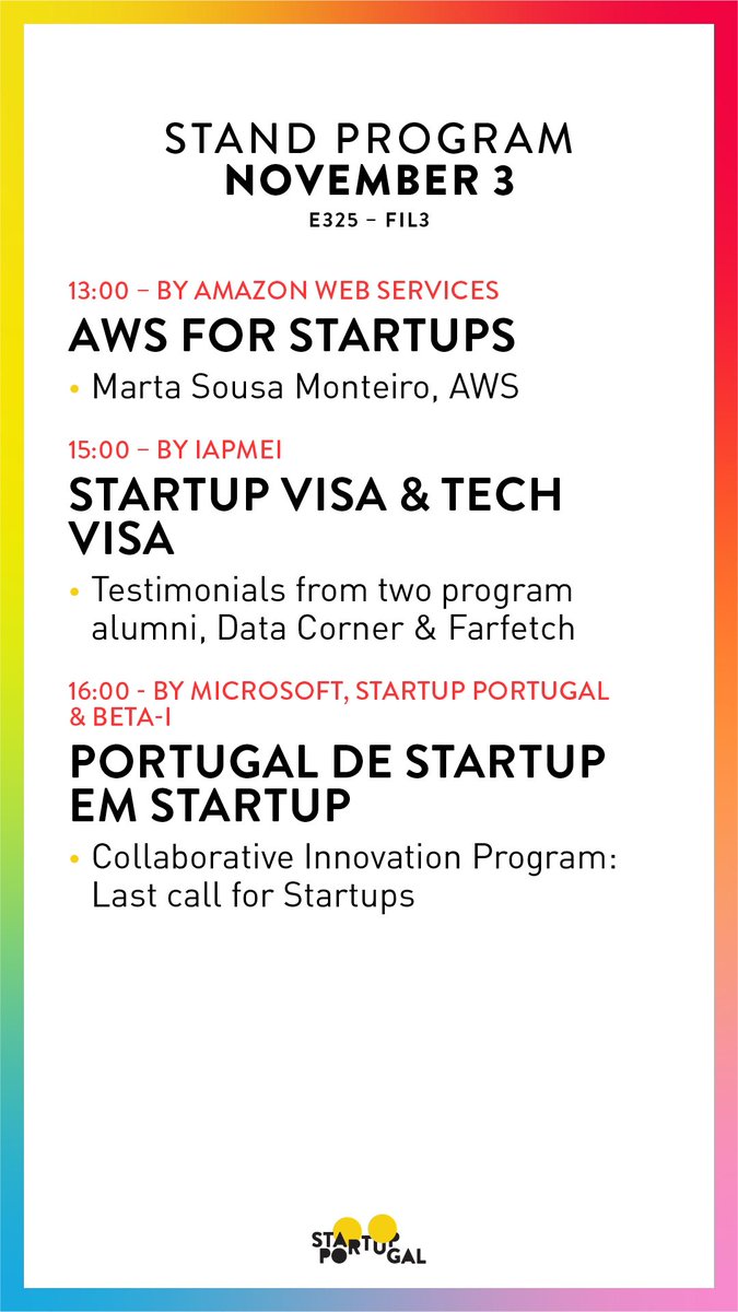 Startup Portugal (@startupportugal) on Twitter photo Day #2 program at Startup Portugal stand at <a href="/WebSummit/">Web Summit</a>.
Let’s go, #signupforPortugal!
#WebSummit Day #2 program at Startup Portugal stand at <a href="/WebSummit/">Web Summit</a>.
Let’s go, #signupforPortugal!
#WebSummit