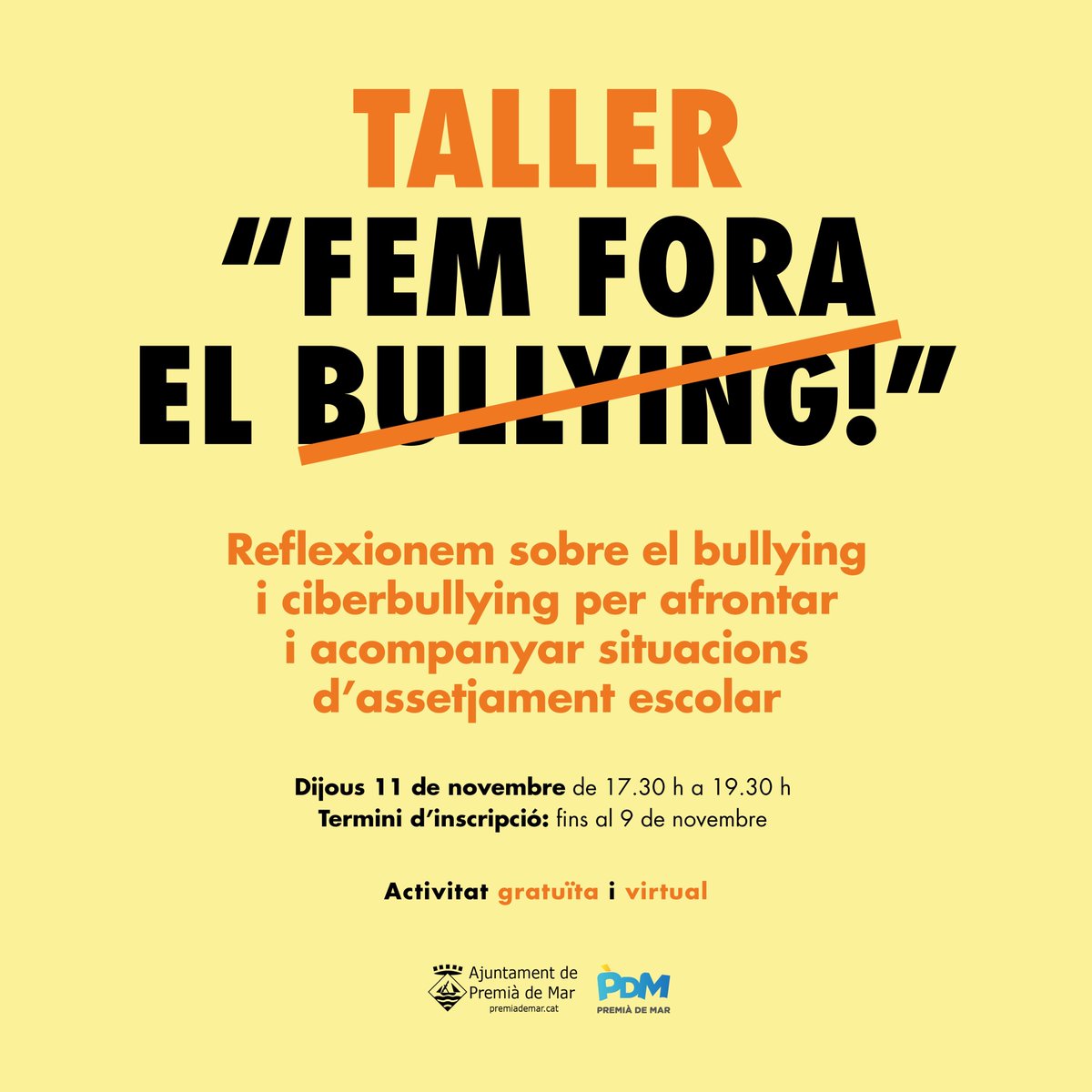 ajpremiademar's tweet photo. ✔Taller "Fem fora el bullying"
➡Taller dirigit als pares i mares amb l'objectiu de reflexionar sobre l’assetjament escolar tot facilitant eines per a la detecció i l’acompanyament de situacions de bullying en infants. #PremiàDeMar #Maresme #bullying https://t.co/Md8t55RgII