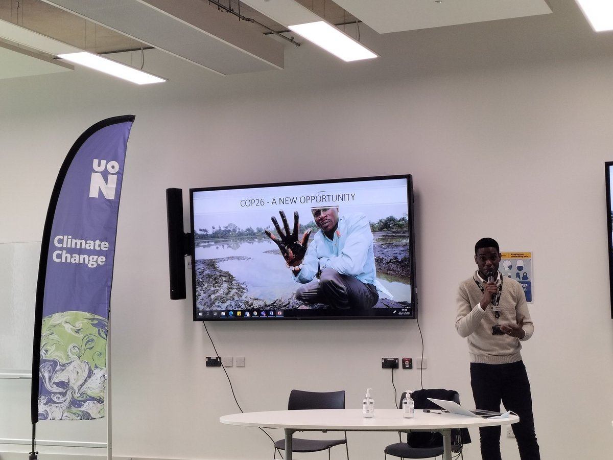 Climate_UON's tweet photo. @UniNorthantsFBL Ebenezer Laryea giving a really interesting&amp;important talk on 'Ecocide' &amp; International Law. @COP26 provides a big opportunity for these conversations. #ClimateChange has many aspects,including law&amp;how change needs to happen at policy&amp;legislative levels. #climate https://t.co/eyNjEAUIFQ