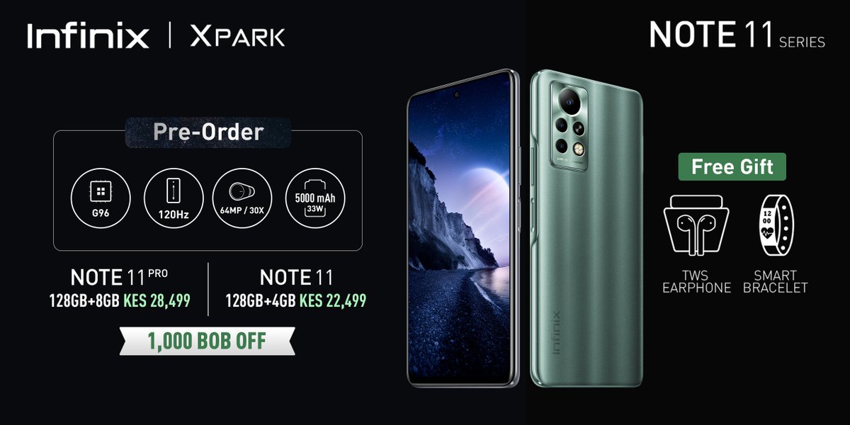 InfinixKenya's tweet photo. Are you ready for the Note 11 Series?? Pre-Order yours on Xpark and get free gifts and 1000 bob off the initial price!! 
Discount ONLY exclusive to Xpark>>> https://t.co/JSIAqADK6W

#ultraspeedultrasleek https://t.co/xHyDhNiIpq