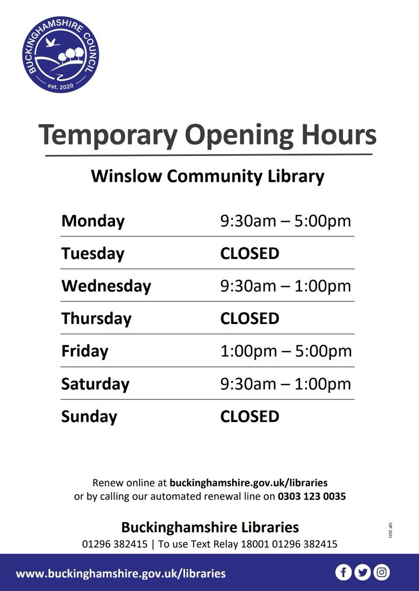 WinslowLibrary's tweet image. These are the current opening hours for Winslow Community Library. The Winslow Parish News Magazine is not accurate presently. Apologies for the confusion