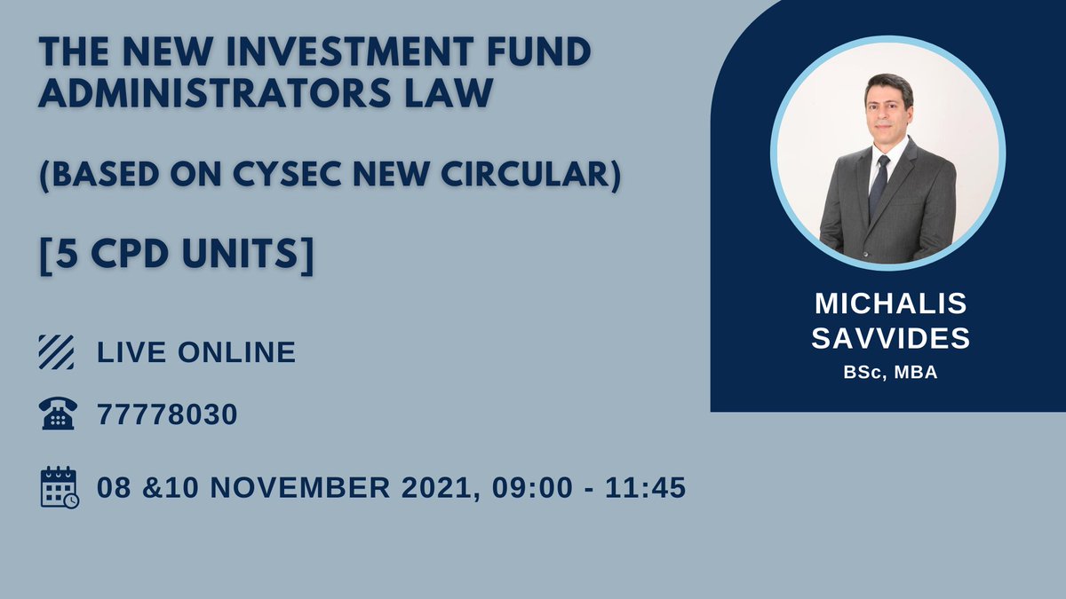 GlobaltrainingT's tweet photo. 🧑‍🏫 SEMINAR: The New Investment Fund Administrators Law (Based on @CySEC_official New Circular)

🔗 Register: https://t.co/Pk0vM62Sjl 

#CySEC #InvestmentFundCyprus #CyprusTaxation #Compliance #CyprusLaw https://t.co/iOUk2kP5Pc