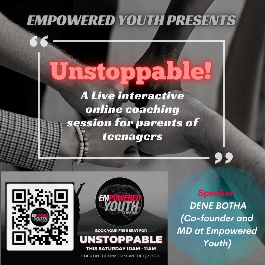 "You've spent years trying to do the best for your kids - This one hour web class will help you take your parenting to the next level."

#Unstoppable 

Saturday 6 November - 10am to 11am (GMT)

Free registration (but limited spaces: webinar.empowered-youth.com/webinar29780701