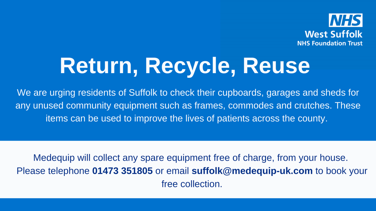 WestSuffolkNHS's tweet photo. Helping patients and the planet ♻

Please check your homes for unused community equipment, from frames to crutches, so they can be used to improve the lives of patients. 

Spare equipment can be collected for free from your home. Contact 01473 351805 or s…-uk.com https://t.co/mEXnVUZQyu