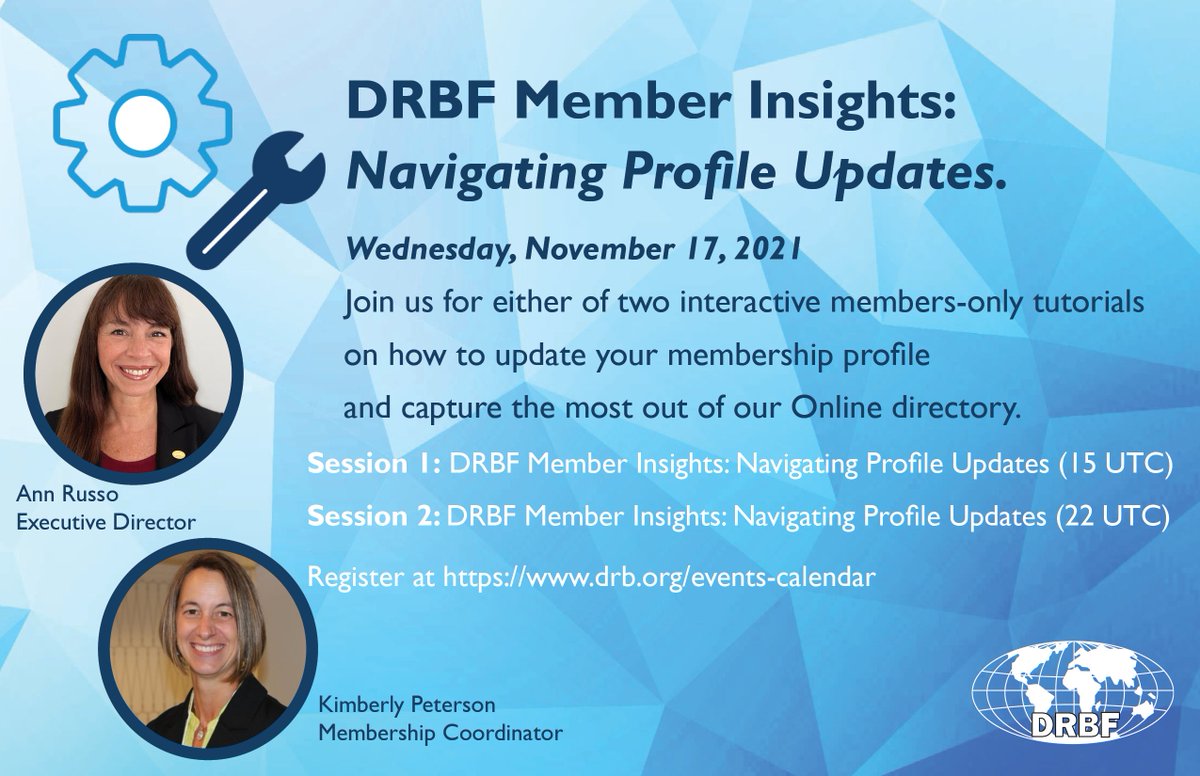 DRBF Member's we invite you to join us for a members-only webinar on how to update and gain the most out of your DRBF profile. Reg. for session 1 at 15 UTC bit.ly/3CO6nhi Reg. for session 2 at 22 UTC bit.ly/2ZQ2QQV