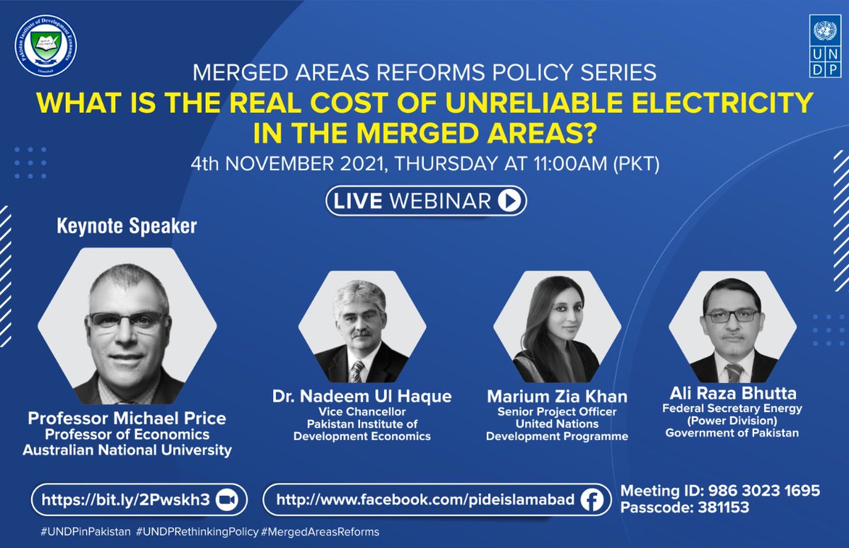 UNDP_Pakistan's tweet photo. 📢 Join us!

The fifth seminar in our #MergedAreasReforms Policy Series in collaboration with @PIDEpk will determine the unintended adverse effects of unreliable electricity &amp; its possible #Policy implications.

🗓️ Nov 4
🕚 11:00 AM
🔗 https://t.co/hj5FU6OKLO https://t.co/5w254m4Prc
