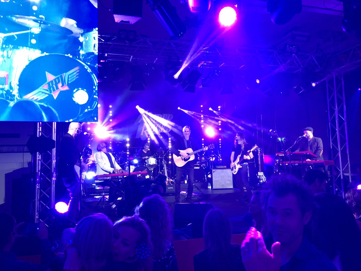 RPJBand's tweet photo. Amazing night playing for #EddieJordan  #AmberRocks to a star studded crowd! Plus such an honour to be joined on stage by legends #MikeRutherford and #AndrewRoachford! A hugely special gig for a great cause!X 🤘🏻❤️ https://t.co/UXobNW7LOF