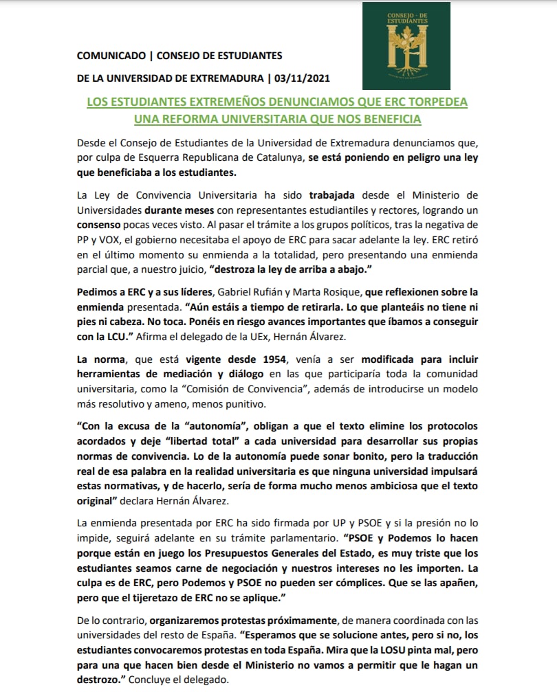 🔴 COMUNICADO: QUE NO NOS DEJEN VENDIDOS 🔴

Exigimos a <a href="/Esquerra_ERC/">Esquerra Republicana</a> <a href="/gabrielrufian/">Gabriel Rufián</a> <a href="/MartaRosiq/">Marta Rosique i Saltor</a> <a href="/PODEMOS/">Podemos</a> @psoe que escuchen de una vez a la Comunidad Universitaria y no destrocen la ley.

#aLCUerno