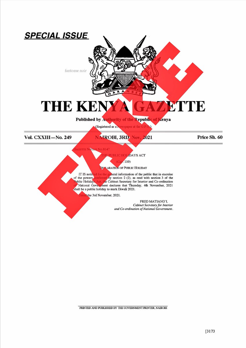 InteriorKE's tweet photo. The Government HAS NOT declared a public holiday on THURSDAY NOV 4, 2021. The purported gazette notice declaring a holiday is FAKE! https://t.co/dJ9qLkuriP