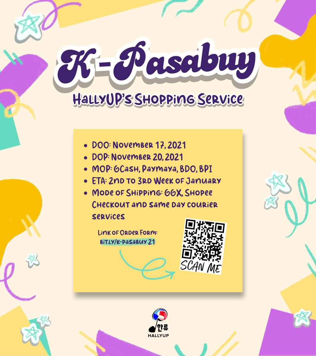 hallyupmerch's tweet photo. Looking for that album, lightstick, PC, or any official merch but can't find it anywhere? 🤔 HallyUP will get it in store! 🤩

Scan the QR Code below and fulfill your merch needs! 🥰

DOO: Nov 17
DOP: Nov 20
TOTAL PRICE: Base Price + ISF + LSF
ORDER FORM: https://t.co/pNJlqy8jqX https://t.co/8hCvwpLu6g