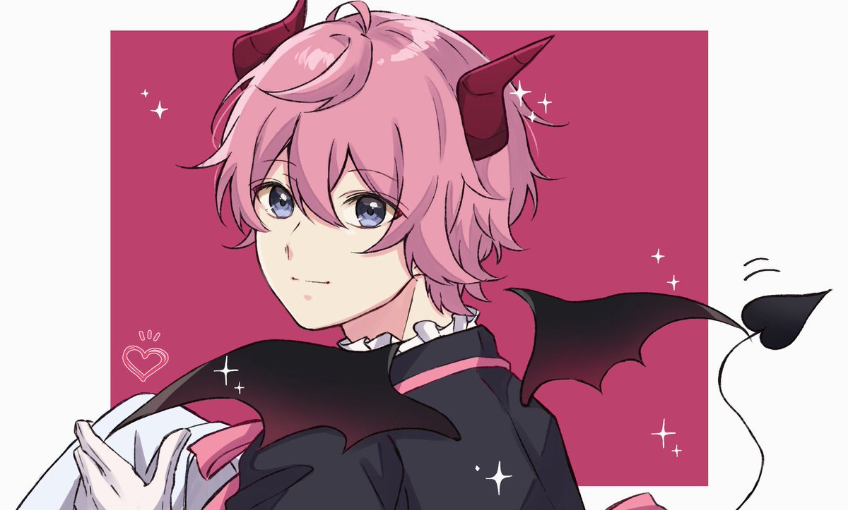 1boy horns pink hair male focus tail wings demon tail  illustration images