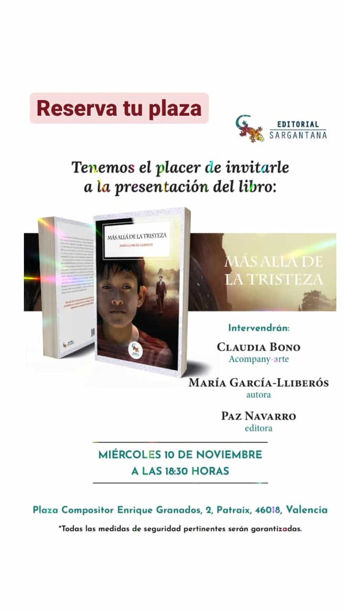 acompany_arte's tweet photo. 📚 #EvolucionArte presenta el libro "MÁS ALLÁ DE LA TRISTEZA", de María García-Lliberós
📅 Miércoles 10 de noviembre a las 18:30 
📍Patraix, Valencia - Plaza Granados 2 
🔺️ Reservas 📞 695712392

Con #MaríaGarcíaLliberós y @paz_navarro_ de @Ed_Sargantana https://t.co/Y5rOIY0kWp