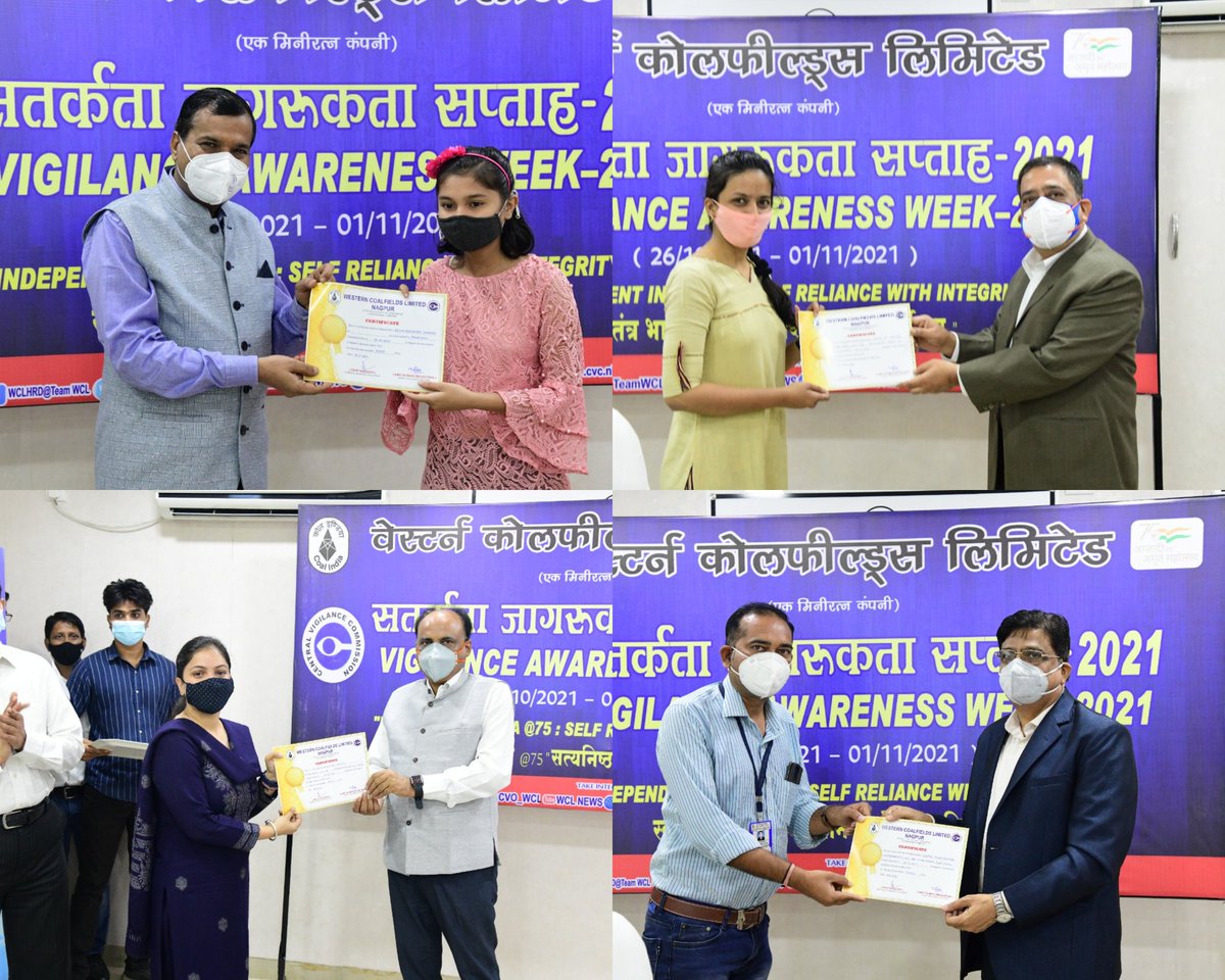 CVO_WCL's tweet photo. The VAW-2021 concluded today with the Valedictory function at Western  Coalfields Limited. Participants of various events were felicitated by CMD, CVO, D(P), D(T)/O &amp; D(F) during the ceremony. @CVCIndia @TeamWCL
@CoalIndiaHQ @CoalMinistry #vigilanceawarenessweek2021 https://t.co/ifWFPj9lMv