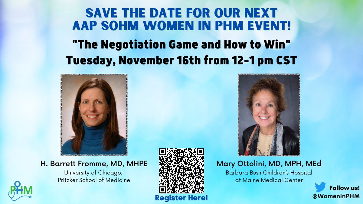 WomenInPHM's tweet photo. Learning the skills for successful negotiation is crucial for all @WomenInPHM!

Join us for "The Negotiation Game and How to Win" on 11/16 from 12-1 pm CST with national #PedsHM leaders Drs. Barrett Fromme &amp; Mary Ottolini!

Register here: https://t.co/7wW76WuHZV

#WomenInMedicine https://t.co/baI9yzOQjA