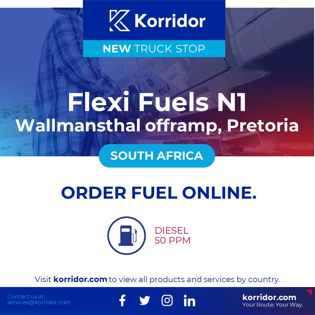 Order Fuel online with Korridor at Flexi Fuels, N1, Wallmansthal offramp, Pretoria, South Africa
#Technology #Logistics #Transport #Transportation #Freight #FleetManagement