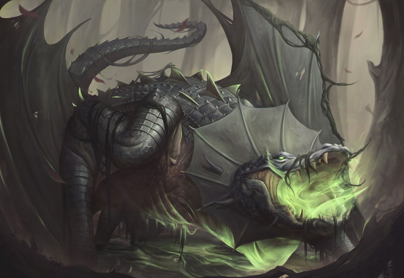 green dragon sleeping in a swamp, fantasy, dnd, art by, Stable Diffusion