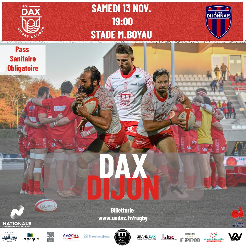 Réservez dès maintenant vos places pour le prochain match à domicile contre le Stade Dijonnais ! 🏉🏟

Nos 🔴&amp;⚪️ auront besoin de votre soutien pour l’emporter ! 

Samedi 13 Novembre à 19h 
🎟👉 ovalandes.usdax.fr