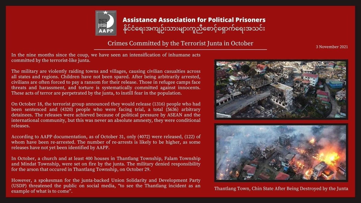 aapp_burma's tweet photo. AAPP seen intensification of inhumane acts committed by terrorist-like junta this month, particuarly in Chin State, Magway and Sagaing.

With sinister warnings by junta supporters “to see the Thantlang incident as an example of what is to come”

မြန်မာ: https://t.co/M1akVmBIZf https://t.co/olUuHHvEIW