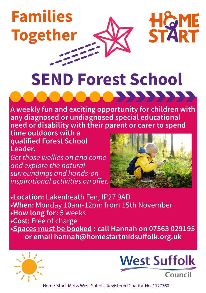 Suffolk_LO's tweet photo. Homestart are running their SEND forest school again for 5 Mondays from 15th November, this time in Lakenheath! Open to children with SEND aged 0-11; for more information contact Hannah on 07563 029195 or email hannah@homestartmidsuffolk.org.uk #WhatsOnWednesday https://t.co/XOnAIjmnT5