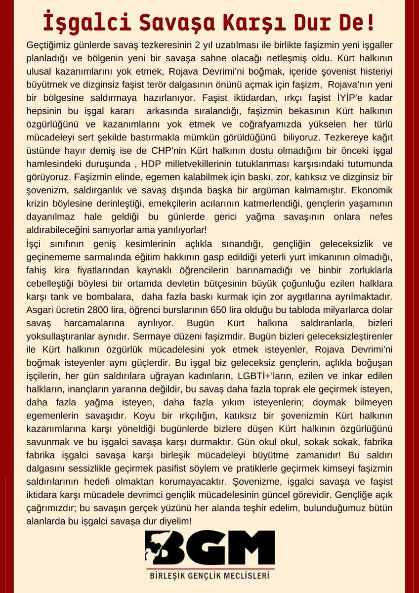 Açıklama|
Faşist diktatörlüğün Rojava’ya ve Güney Kürdistan’a tezkere kararı çıkararak işgal planları yapmasına dair açıklamamızdır.