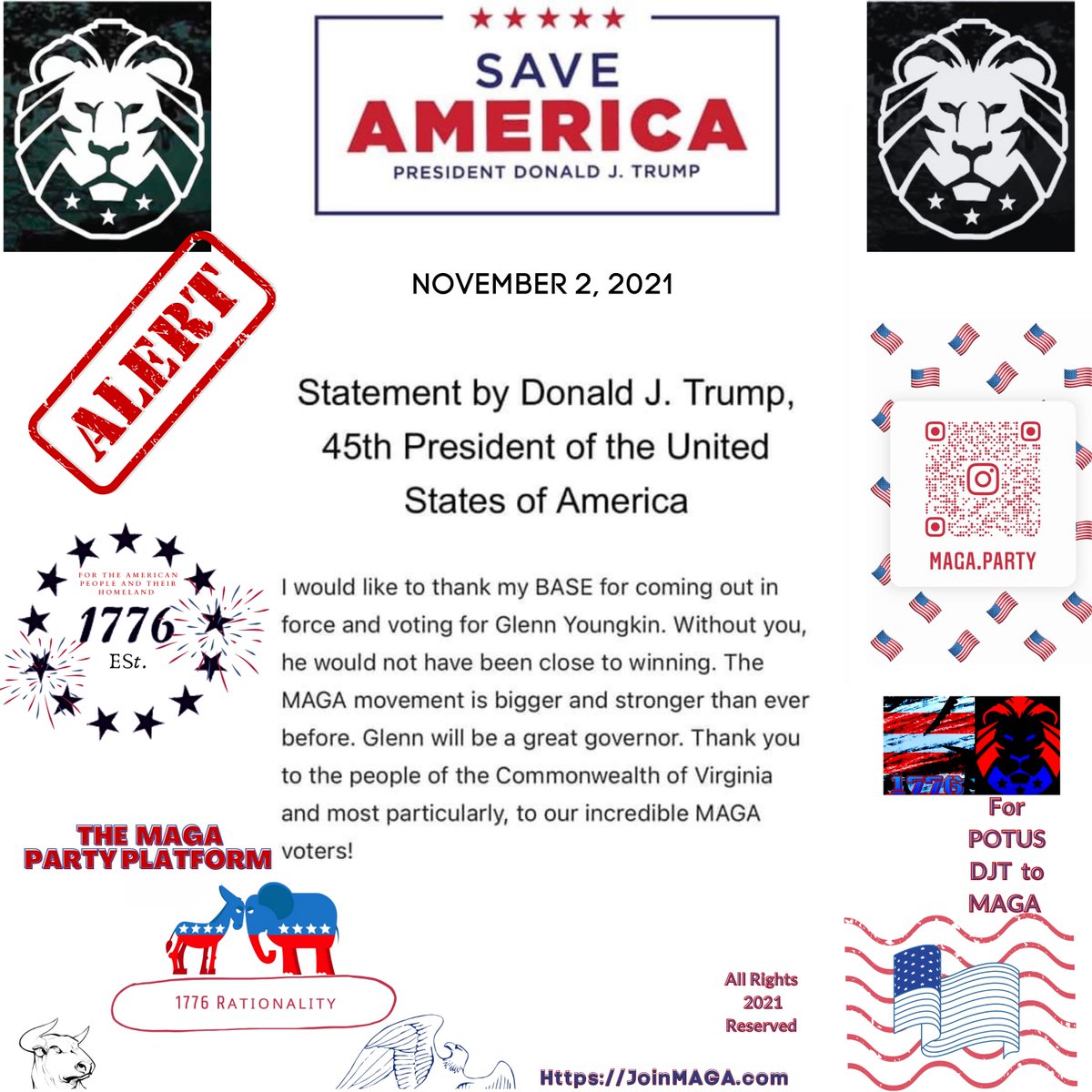 JoinMAGAParty's tweet photo. 🇺🇸🗣Statement by Donald J. Trump, 45th President of the United States of America💡🗣

#BidenIsADisgrace #WeThePeople #EverythingWokeTurnsToShit #TheBigLie #UniteTheNation #SaveAmerica #Trump2024 #TheMAGAParty #ElectionIntegrity #JoinMAGA 
#LetsGoBrandon #GlennYoungkin https://t.co/Udx6dPPzn1