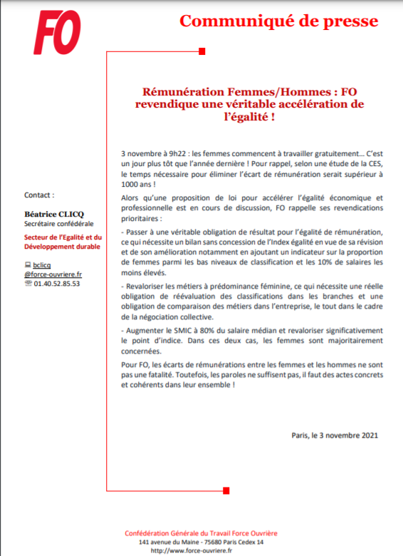 [#Communiqué FO] #Rémunération Femmes/Hommes : FO revendique une véritable accélération de l'#egalite !
"#3Novembre9h22 : les #femmes commencent à travailler gratuitement… C’est un jour plus tôt que l’année dernière !"