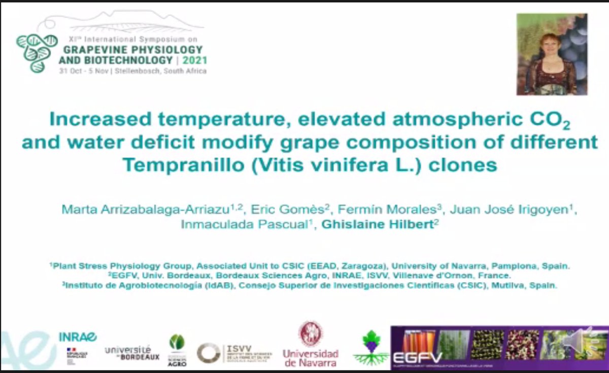 An additional great contribution of <a href="/UMREGFV/">inrae_egfv</a> to <a href="/ISGPB20213/">ISGPB2021</a> with Ghislaine Hilbert reporting results from a collaboration with pour colleagues from univ Navarra. Highly important in the context of climate change <a href="/isvv_bordeaux/">ISVV - Institut des Sciences de la Vigne et du Vin</a> <a href="/INRAE_NA_BDX/">INRAE Nouvelle-Aquitaine Bordeaux</a>