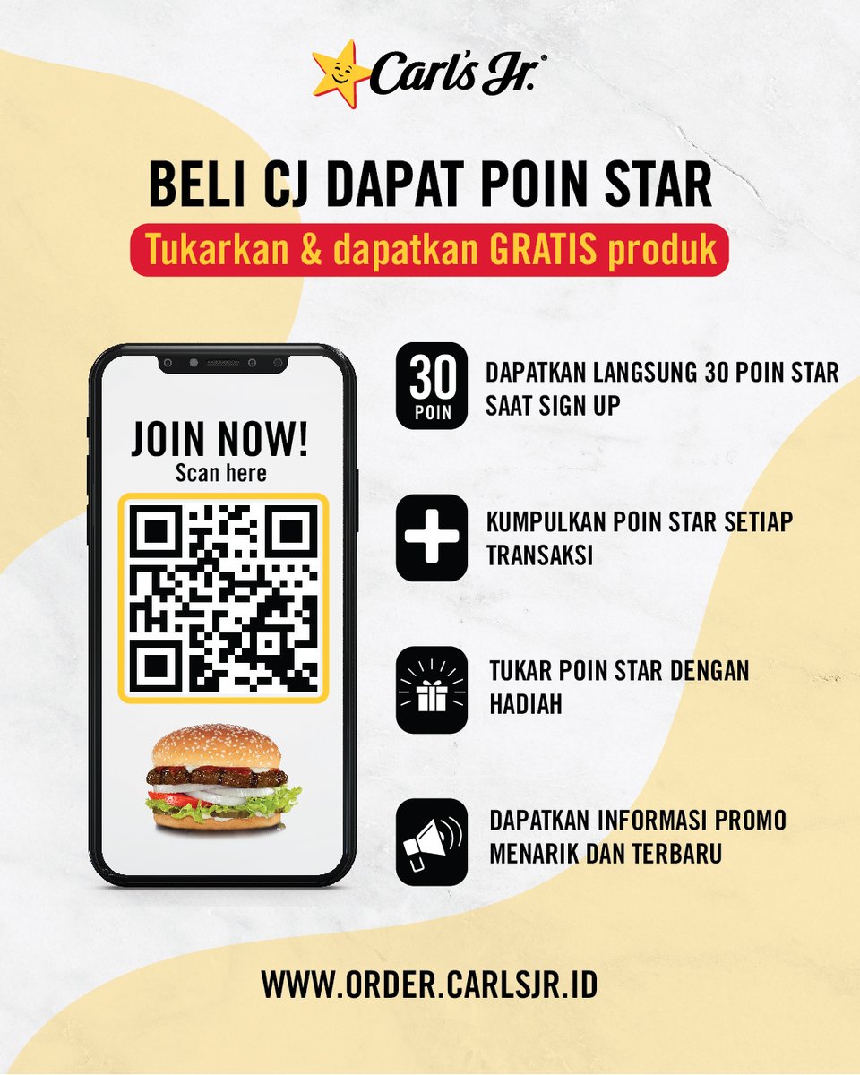 CarlsJrID's tweet photo. Yuk, beli menu favoritmu di CJ dan dapakan POIN STAR!
Nikmati juga hadiah dengan poin yang sudah kamu kumpulkan.
Pesan sekarang lewat https://t.co/L5frl4zwCp ya.
#CarlsJrID #CarlsJr #Chargrilledburger https://t.co/2aBu327q8k