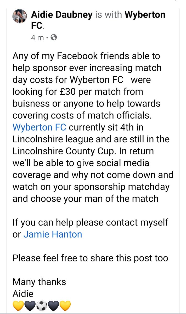 Anyone able to help with some match day sponsorship for <a href="/WybertonFC/">Wyberton FC</a> 🖤💛⚽💛🖤