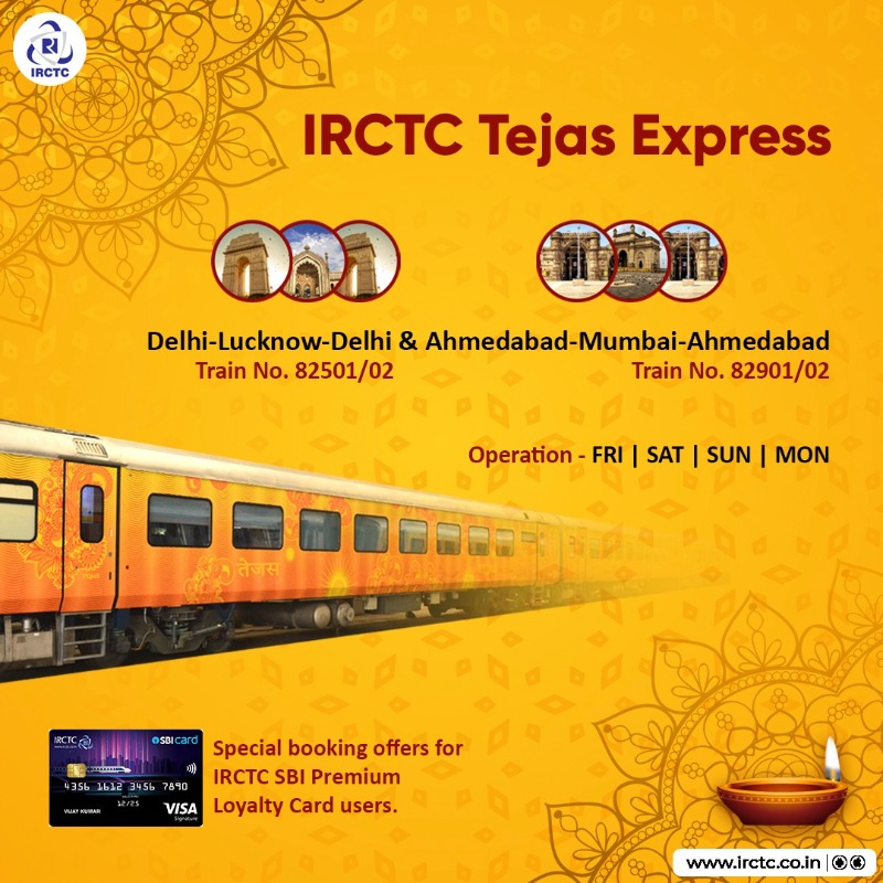 IRCTCofficial's tweet photo. Heading home for # festivities? #Book a #journey on #Delhi-#Lucknow/#Ahmedabad-#Mumbai #IRCTC #TejasExpress to travel in #comfort. Running 4 days a week #travel experience like no other. #Tickets available on https://t.co/e14vjdPrzt #GoTejas #train