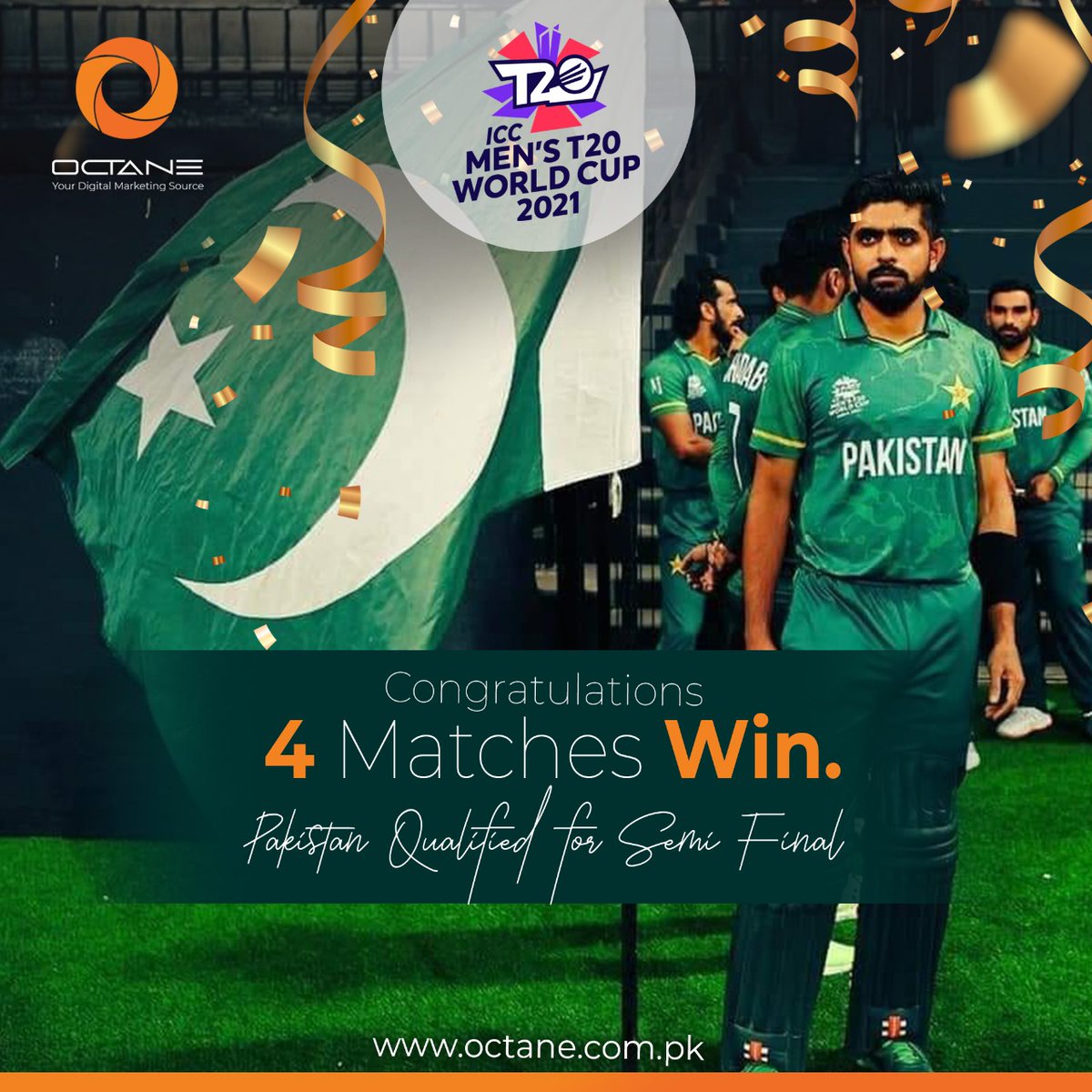 octane_agency's tweet photo. Congratulations Pakistan for continuous 4 time winning !
Best of Luck for Semi Final !
#octanemarketing #ICCT20WorldCup #PAKvsNAM  #PakistanZindabad #Namibia https://t.co/kZgQmeURf8