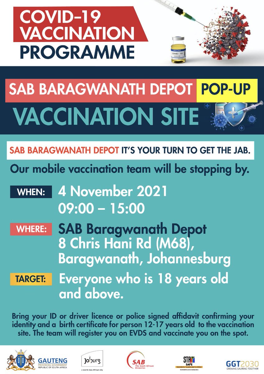 SABreweries's tweet photo. SAB Baragwanath Depot and the surrounding community, it is now your turn to receive your jabs. Join us tomorrow, in partnership with @GautengHealth from 09:00 and let’s help #TakeDecemberBack by vaccinating and continuing to be #ResponsibleTogether. https://t.co/XiGFinGF6K